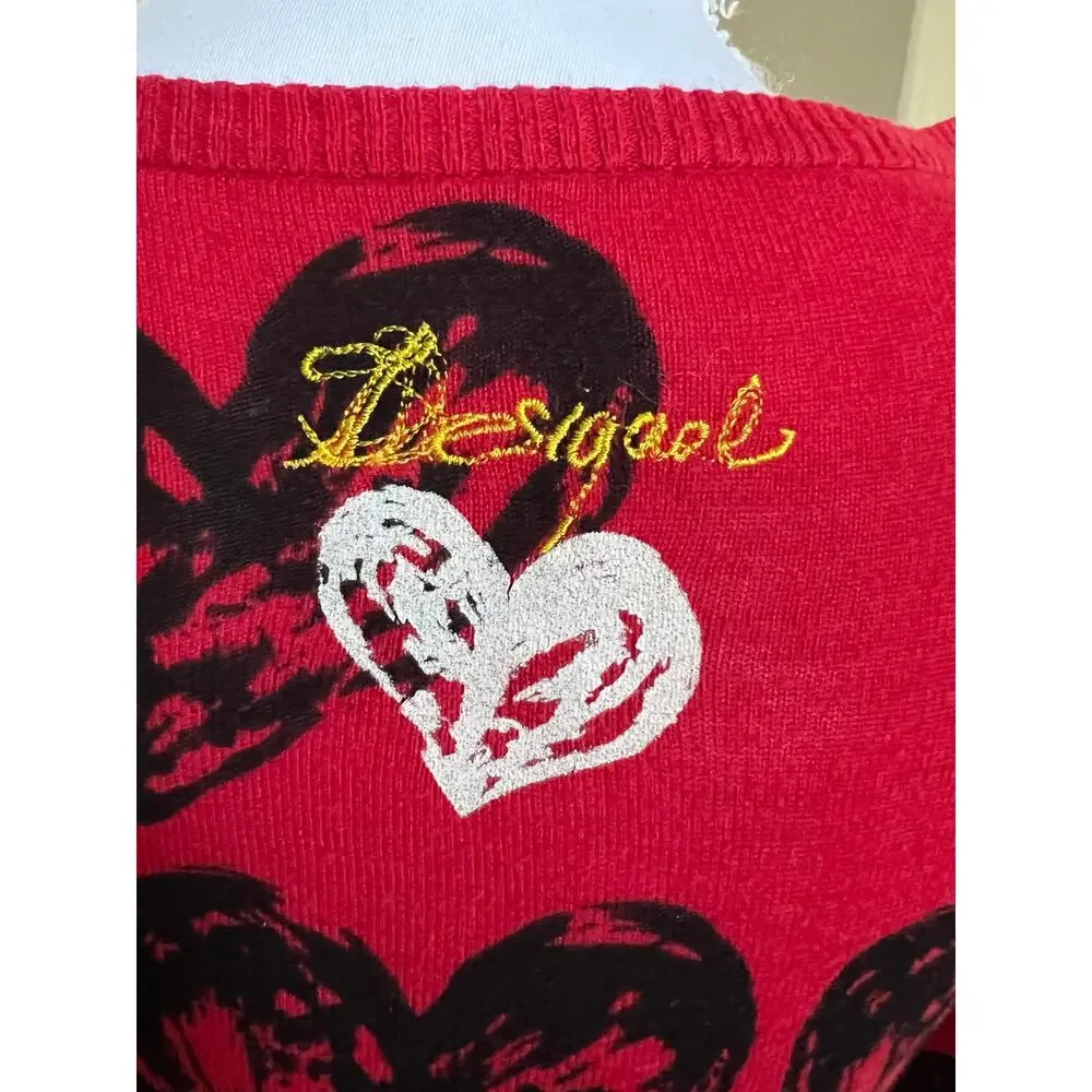 Desigual Red Heart Print Sweater Top Y2K Graphic Long Sleeve Women’s M - Picture 7 of 8